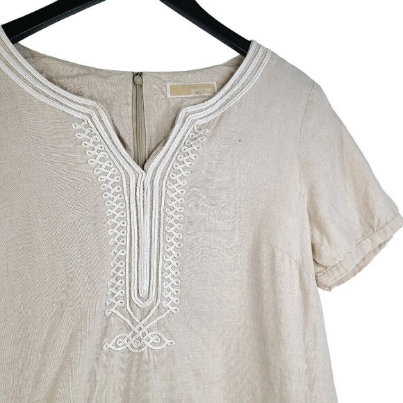 Michael Kors Tan Beige Embroidered 100% Linen V Neck Tunic Top - Picture 3 of 11